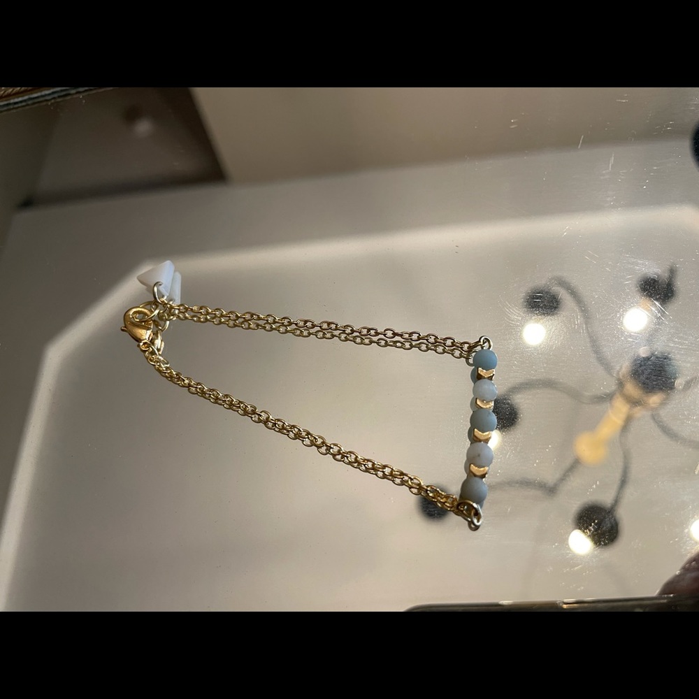 Handmade teal/aqua/gray and gold bracelet
